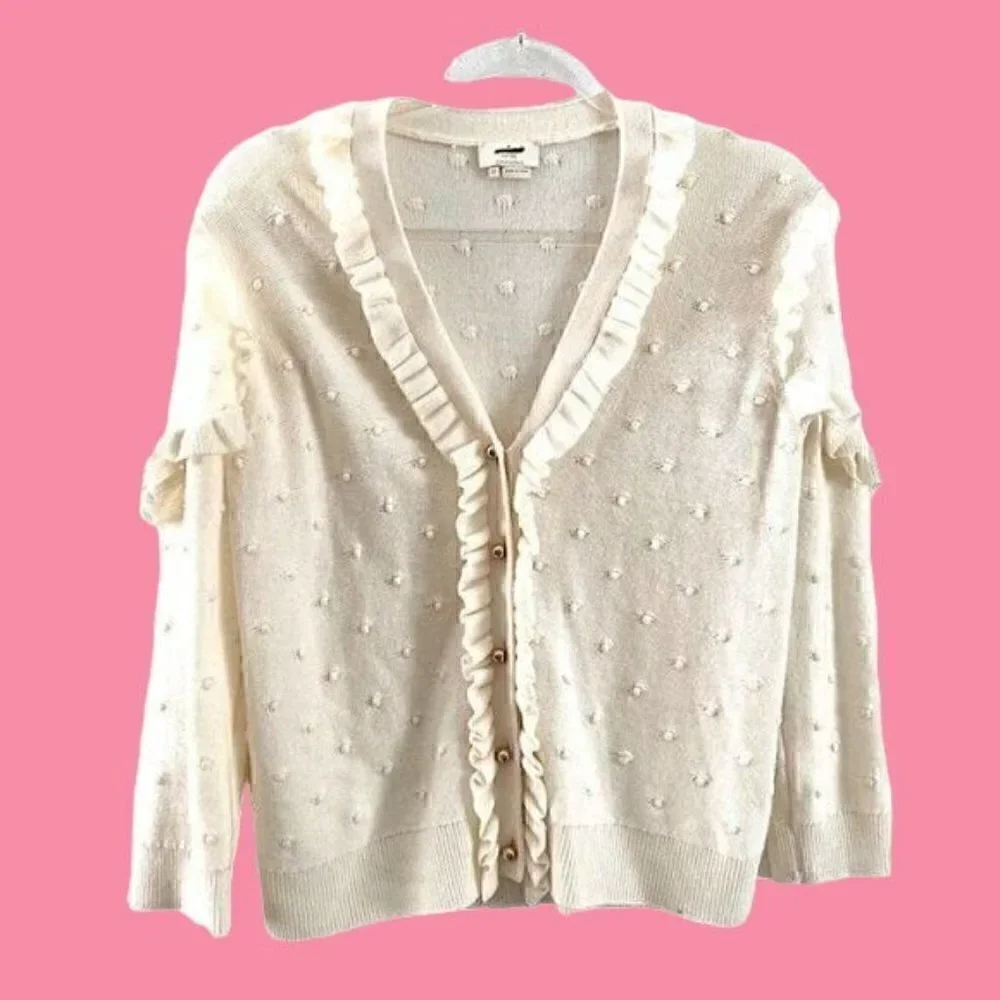Kate Spade Cardigan Wool Blend Ruffle Pom Pom Ivory xs new retail $268_2